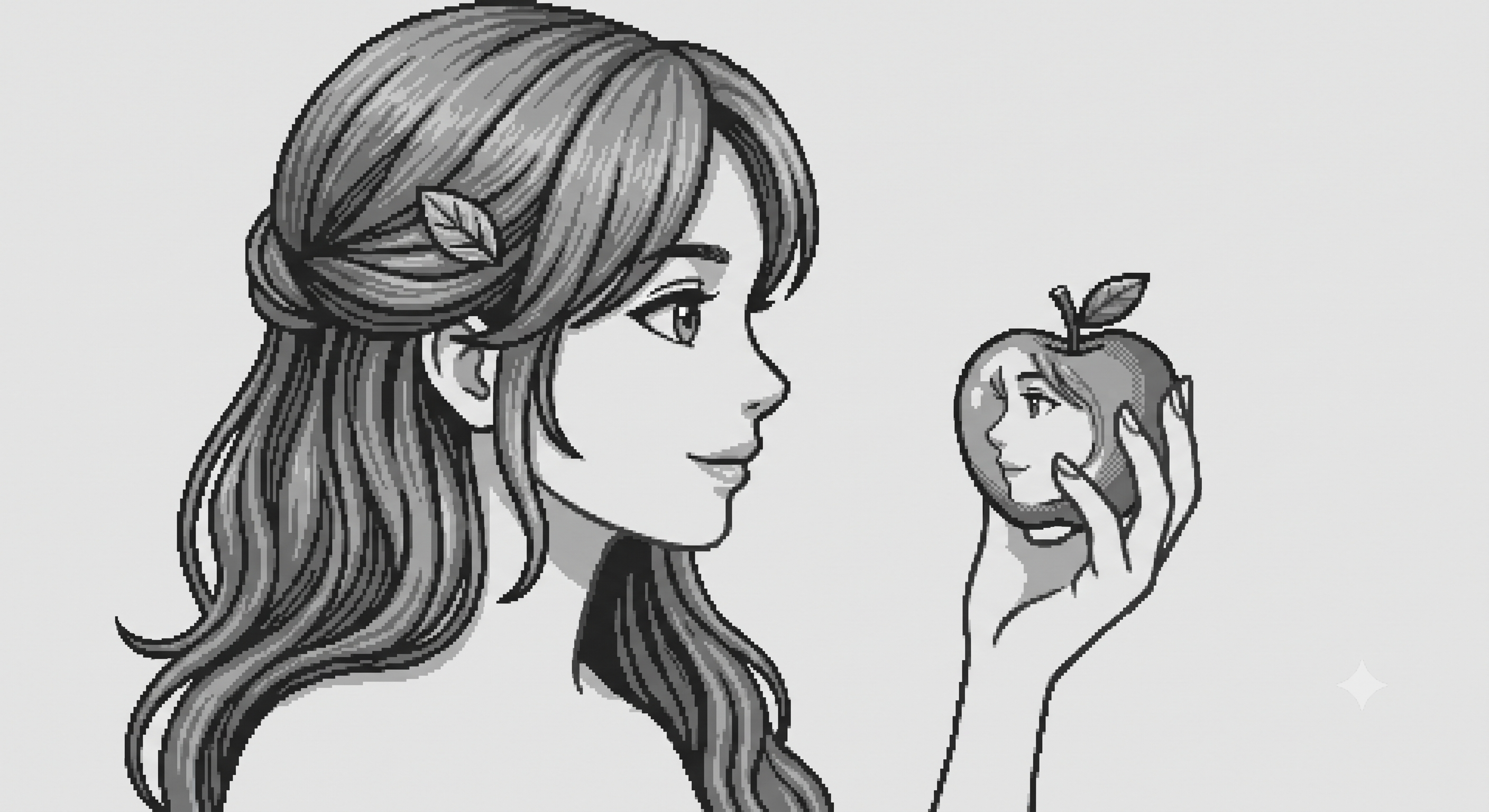 EVA — a girl studying an apple that mirrors her own reflection